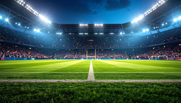Nighttime Stadium View From Grass Field Center - Powered by Adobe