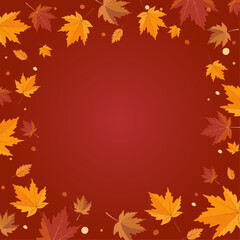Autumn vector background with pumpkins and colorful fall leaves on a dark red and brown gradient. Central empty space for your own text, design, quote, or promotion. Perfect seasonal frame.