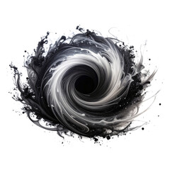 A dynamic swirling vortex of white and gray liquid forming a spiral pattern with splashes and flowing textures.