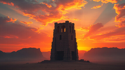Obraz premium Ancient stone tower standing alone in a desert landscape at sunset, surrounded by rocky hills and glowing orange sky