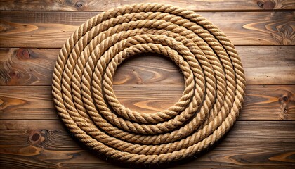 Coiled rope on a wooden surface