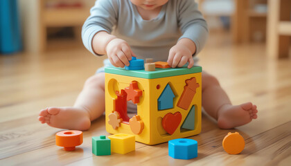 Toddler playing with shape sorting cube, early learning toy, bright colors, wooden floor
