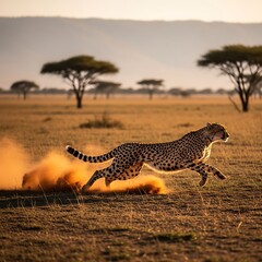 A powerful cheetah sprinting at full speed across the African savanna during a golden sunset.