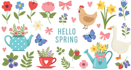 Set of spring cute elements. Hand drawn lovely flowers, bows, goose, chicken, blossom garden, watering can, leaves and herb
