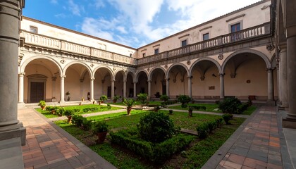 Fototapeta premium Sunny courtyard with arches and gardens