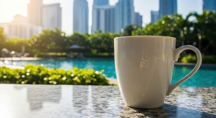 Morning coffee by the pool with city skyline view