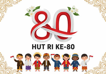 Fototapeta premium 80th Indonesia Independence Day with Kids in Traditional Costumes Vector Illustration