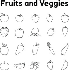 Black and white line art illustration of various fruits and vegetables on a white background
