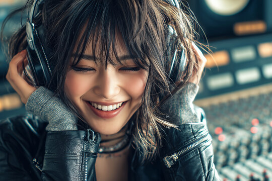 Beautiful asian sound engineer listening to music.