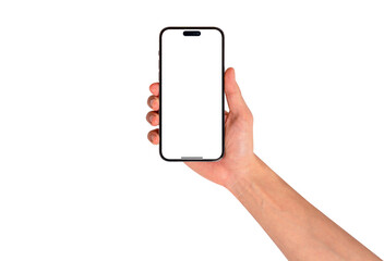 Front view of a hand holding a smartphone with a blank customizable screen isolated on transparent PNG.