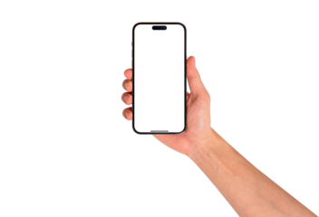Front view of a hand holding a smartphone with a blank customizable screen isolated on transparent PNG.