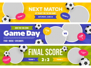 Horizontal banner templates announcing the upcoming football match, as well as various events in the fan zone, with food, music and gifts for all visitors.