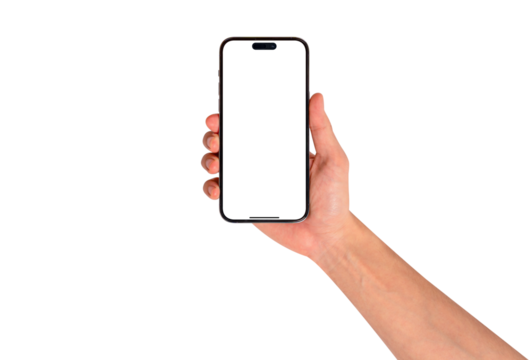 Front view of a hand holding a smartphone with a blank customizable screen isolated on transparent PNG.