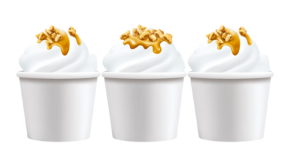 Three delicious cups of frozen dessert topped with caramel and nuts