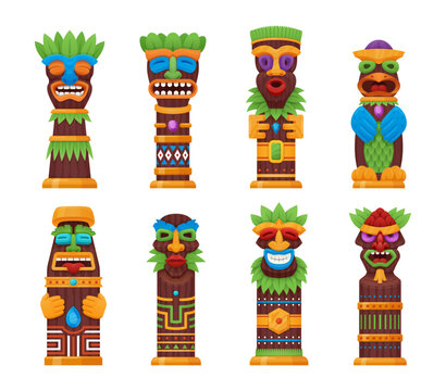 A vibrant collection of tiki totems represents Hawaiian culture with intricate designs and colorful characters.