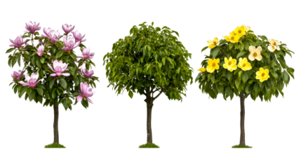 Three distinct trees with vibrant flowers showcase their beauty