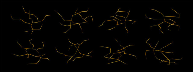 Set of golden material of kintsugi crack restoration vector elements