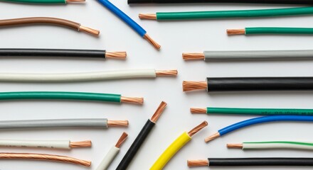 Various electrical wires with exposed copper on white