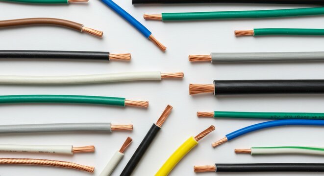 Various electrical wires with exposed copper on white