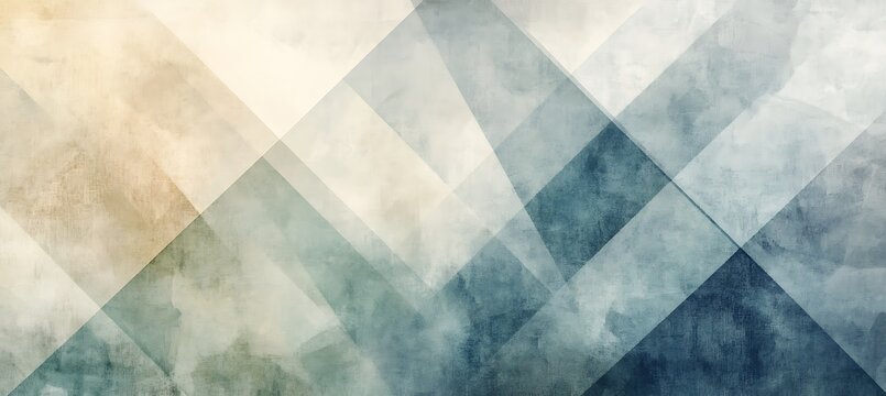 Abstract watercolor painting with geometric shapes in blue beige and white color palette style art empty template