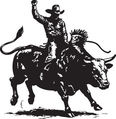 Monochrome Illustration of a Cowboy Riding a Bull in a Rodeo Event, Capturing the Excitement and Danger