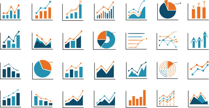 Various types of charts and graphs displayed in a grid format with orange and teal colors used throughout
