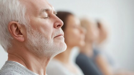 Group of people practicing mindfulness during meditation session, focusing on breathing exercises for stress relief and improved mental health