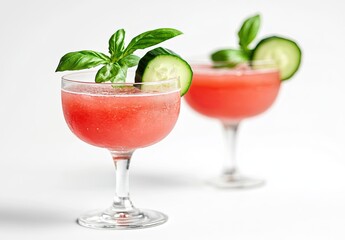 Watermelon cocktail in coupe glasses with cucumber and basil garnish, on a white background
