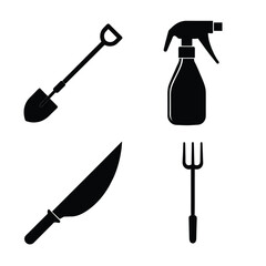 Garden tool silhouette set shovel spray bottle knife fork  