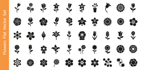 Collection of Flower and Rose Silhouette Icons on White Background