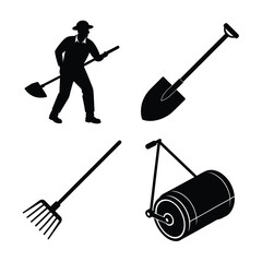 Gardening tools and farmer silhouette  