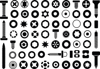Black silhouette screw head, bolt top, nut and washer icon set for mechanical, industrial, construction, repair and hardware design projects