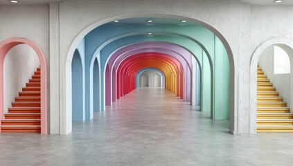 Colorful arched hallway with stairs.