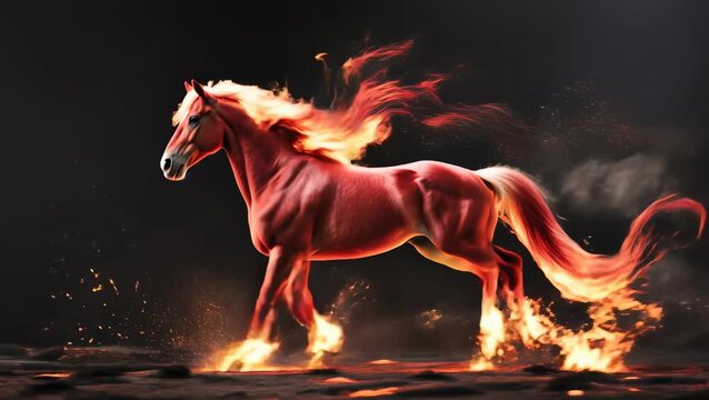 A powerful red horse with a fiery mane and tail galloping in flames, a mythical creature of fire and energy against a dark background.