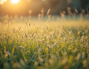 Fototapeta premium Golden Hour Meadow Serene Grassland at Sunset, Soft Focus, Warm Tones, Nature Background.