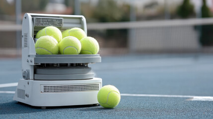Tennis ball machine with bright yellow tennis balls on blue outdoor court, training equipment for practice and sports improvement