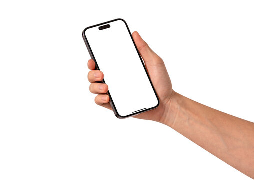 Front view of a hand holding a smartphone with a blank customizable screen isolated on transparent PNG.