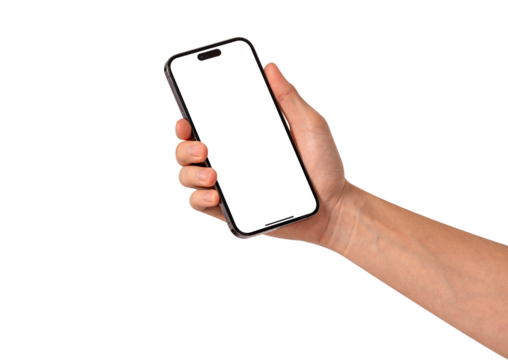 Front view of a hand holding a smartphone with a blank customizable screen isolated on transparent PNG.