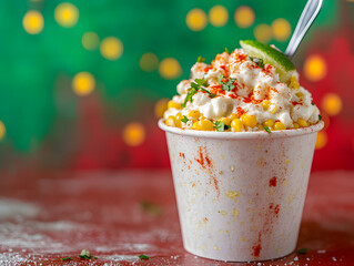 A cup of mexican street corn with lime and cheese