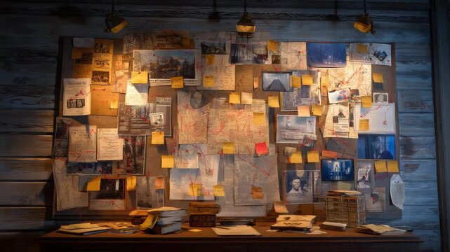 Vintage Investigation Board Depicting Mystery, Suspense and Detective Work in Dramatic Lighting - Powered by Adobe