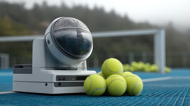 Tennis ball machine automatic launcher training equipment outdoor court yellow tennis ball blue surface practice technology - Powered by Adobe