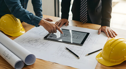 Architectural Engineers Collaborate Over Blueprints with Tablet Yellow Hard Hats and Rolled Plans in Bright Office
