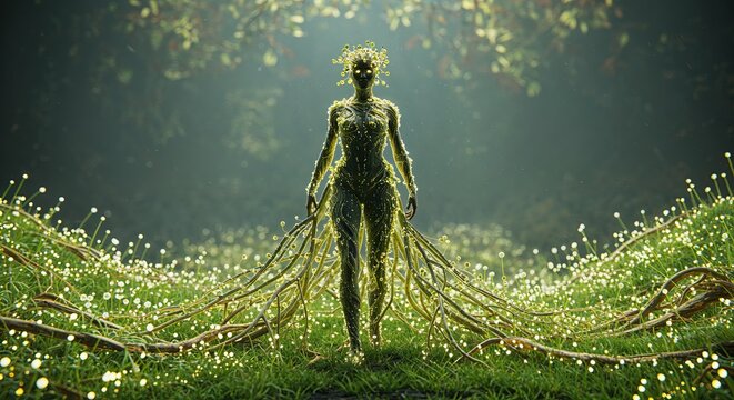 A glowing humanoid figure made of roots and vines stands in a mystical forest, blending nature and human form with luminous details.