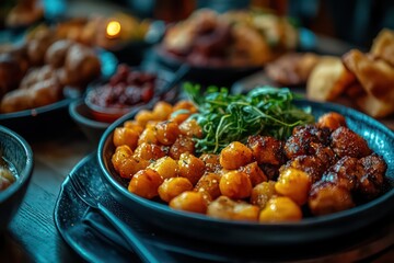 Close-up of smartphone with food delivery app, table of food blurred in background.
