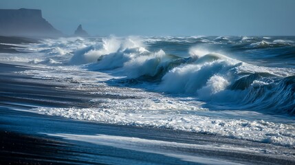 dramatic waves breaking on black volcanic sand beach energetic seascape
