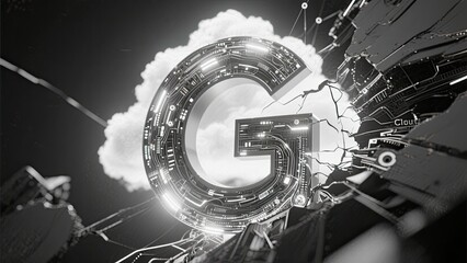 A futuristic digital "G" surrounded by circuit patterns and a glowing cloud, symbolizing cloud computing and advanced technology in a shattered glass effect.