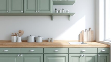 A light and airy kitchen with sage green cabinets.