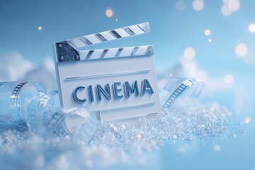 A silver clapperboard with icy blue stripes is paired with a curling translucent frosted film strip. "CINEMA" appears in crystal-clear frames with sharp icy flares.