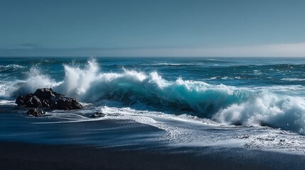 Fototapeta premium black volcanic sand beach with strong waves crashing natural beauty raw