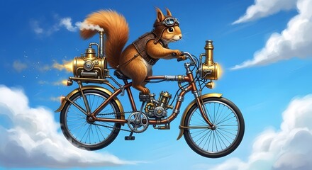 Steampunk Squirrel on a Flying Bicycle with Exhaust Plume